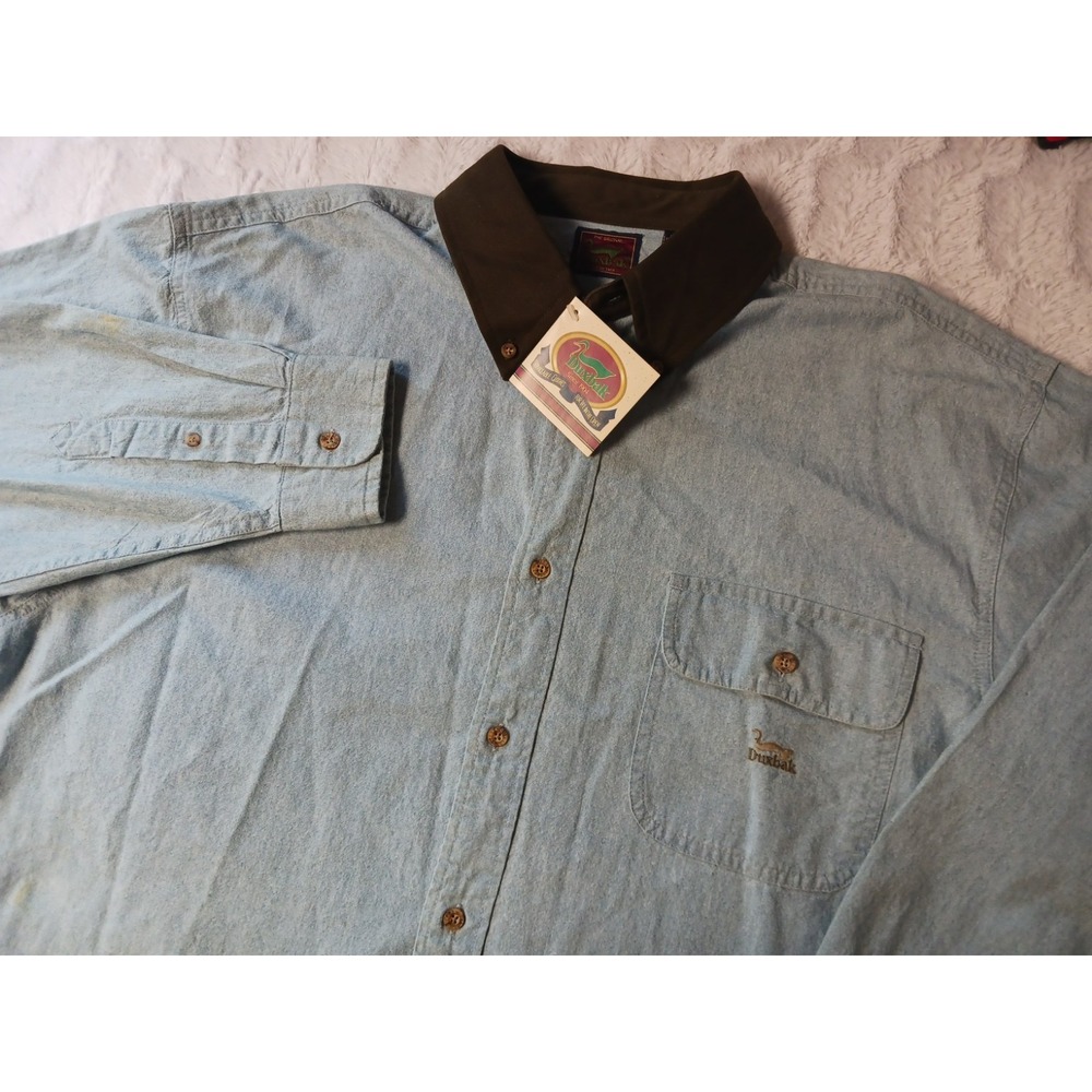 Vintage NWT Duxbak Chambray Denim Shirt Men's XL Pockets Brown Canvas Collar NEW